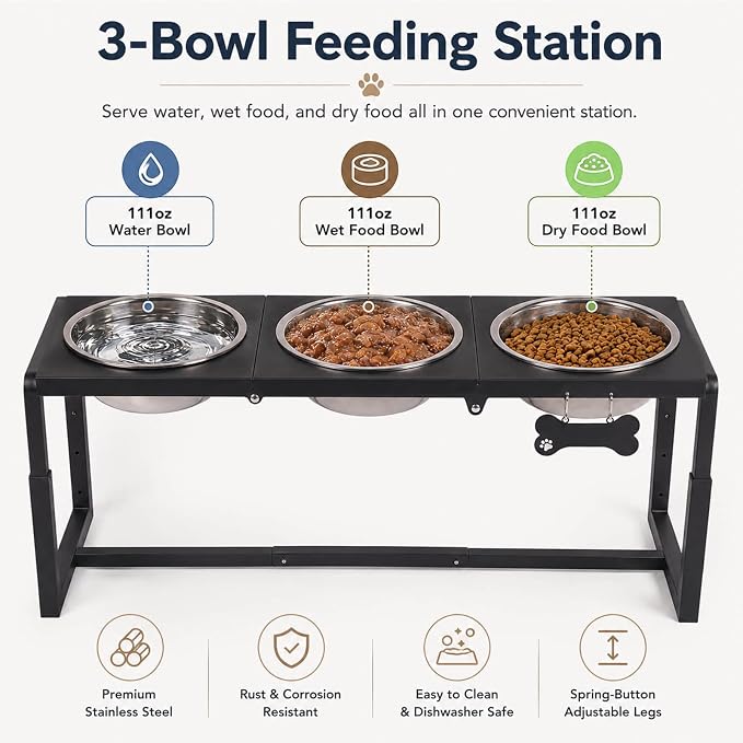 Metal Elevated Dog Bowls, Raised Dog Bowls for Large/Extra-Large Breeds with 3×111oz Stainless Steel Bowls, 3 Adjustable Height Stand for Water & Food, Protect Neck & Joints