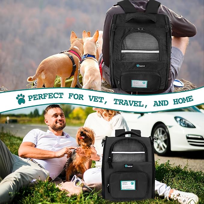 PetAmi Dog Backpack Carrier for Small Medium Dogs Large Cats up to 18 lbs, 2 Side Entry, Structured No-Collapse Frame, Airline Approved Ventilated Pet Backpack for Hiking Camping Travel Vet, Black