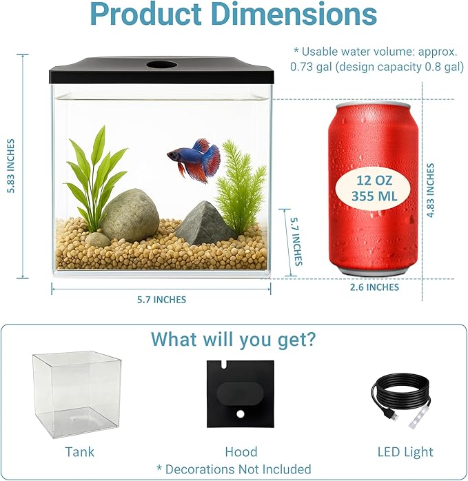 0.8-Gallon Cube Small Fish Tank, Shatterproof Plastic Fish Tank with LED Lighting, Temporary Fish Bowl for Fry, Isolation, Education & Decoration
