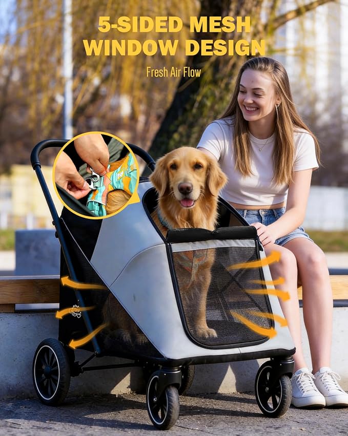 Dog Stroller for Large & Medium Dogs, 4 Wheels Pet Stroller for Large Dogs up to 120lbs, Extra Large Dog Stroller with Foldable Design, Sun Shades, Storage Pocket, Breathable Mesh