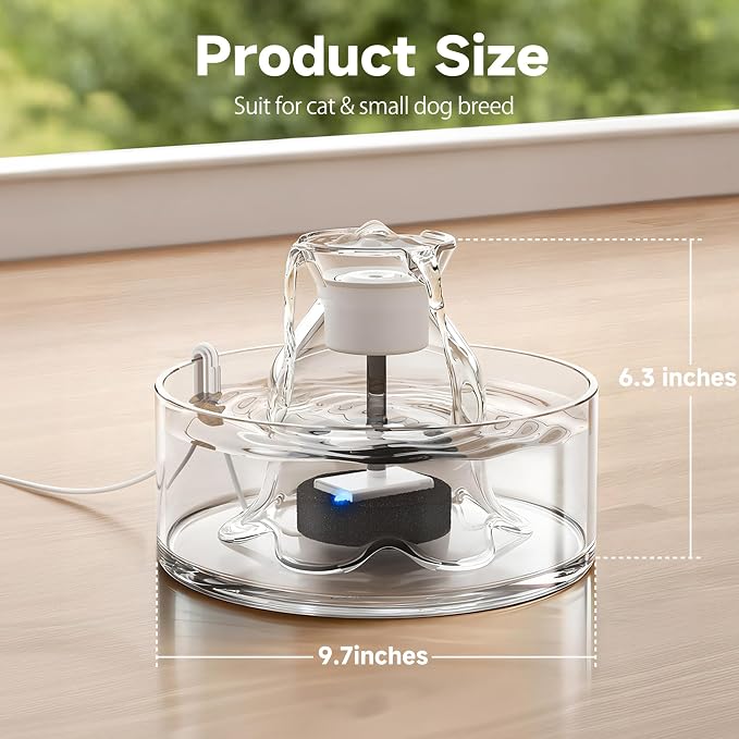PETIMI Glass Cat Water Fountain, 2.7L/91 oz Ultra-Quiet Pet Fountain, Automatic Water Dispenser for Cats & Small Dogs, Spill-Resistant Pet Water Bowl, BPA-Free, Includes 2 Filters, Effortless to Clean