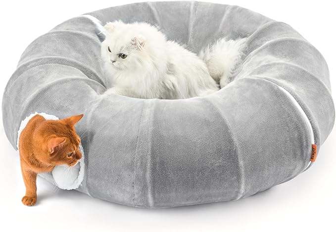 Cat Tunnel Bed for Indoor Cats 35.5 Inch XL Cat Donut Tunnels Grey | 2 in 1 Cat Tunnels for Indoor Cats Kitten Puppy Rabbit Pet Tunnel Toy with Washable Cushion Bed Grey