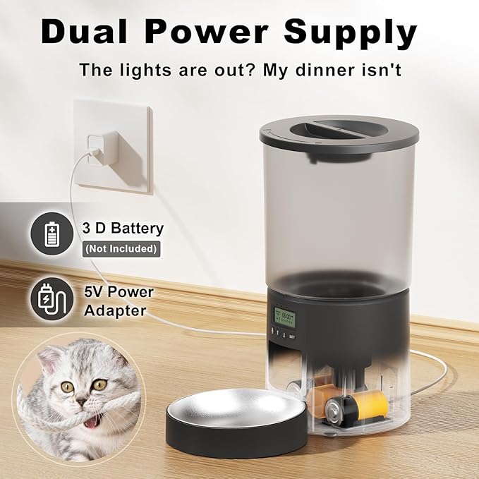 Automatic Cat Feeder 4.2L,6 Meals/Day,Dual Power Portion Control Feeder,Dry Pet Food Auto Dispenser,Timer Setting,10S Voice Record (Transparent Black, Stainless Steel Bowl)