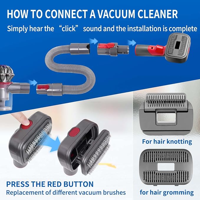 2-in-1 Pet Grooming Kit Compatible with Dyson V7 V8 V10 V11 V15 Cleaner | Dog Hair Vacuum Attachment Removes Loose Hair Dander Undercoat Tangles Self-Cleaning with Extended Vacuum Hose Trigger Lock