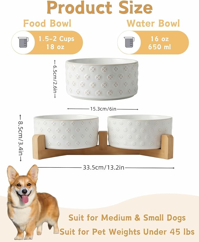 TRUVIC Ceramic Dog Bowl Set of 2 with Wood Stand, Jun Blanc Daisy & Clover Relief Dog Food and Water Bowl Set, 3.5 Cup/28 oz Puppy Food Bowls for Medium Dogs, Dishwasher Safe