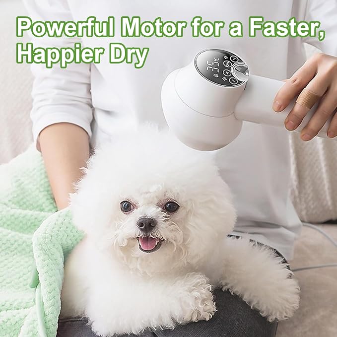 3-in-1 Dog Hair Dryer Brush - Adjustable Temp (35°C-60°C) & 4 Speeds, One-Touch Hair Collection for Safe Grooming of Small & Medium Dogs Cats