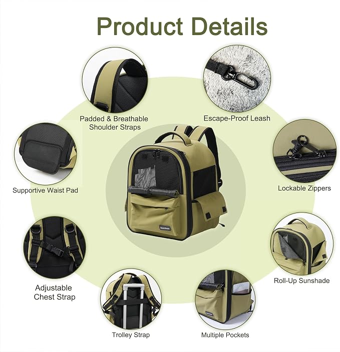 Cat Carrier Dog Backpack Carrier with Anti-Collapse Bottom (Olive Green) | Dog Carrier Mesh Backpack Breathable Pet Travel Bag with Sun Shade, Locking Zippers, Ergonomic Support for Hiking, Vet, Car