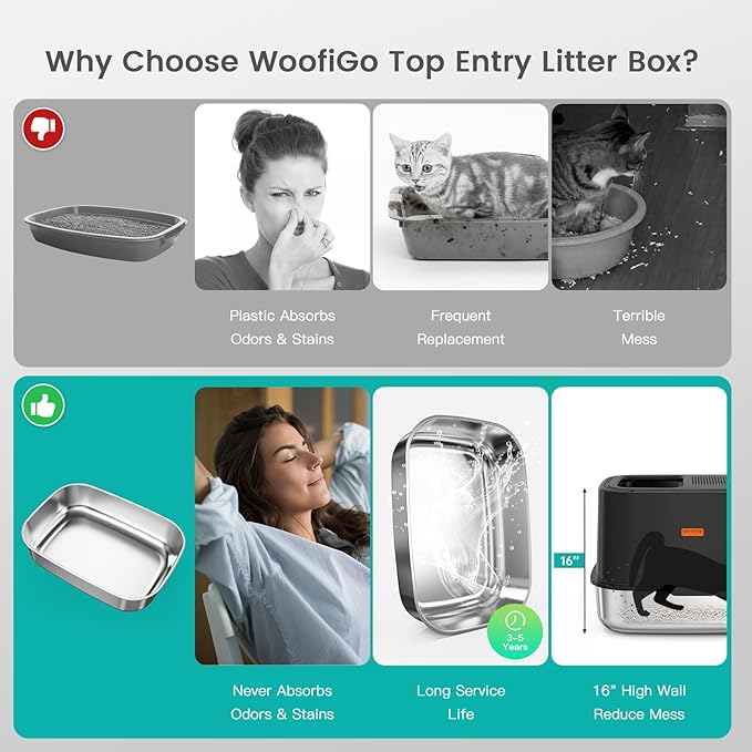 WoofiGo Enclosed Stainless Steel Cat Litter Box with Lid, XL Extra Large Litter Box for Big Cats, Metal Litter Pan High Sided, Never Absorbs Odors, Anti-Urine Leakage, Include Scoop (V-Black)