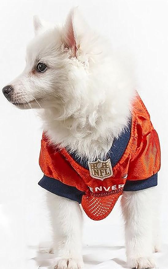 NFL Denver Broncos PET GIFT BOX with 2 Licensed DOG TOYS, 1 Logo-engraved NATURAL DOG TREAT, 1 NFL JERSEY, 1 NFL Puppy Training Bells & 1 Car Seatbelt