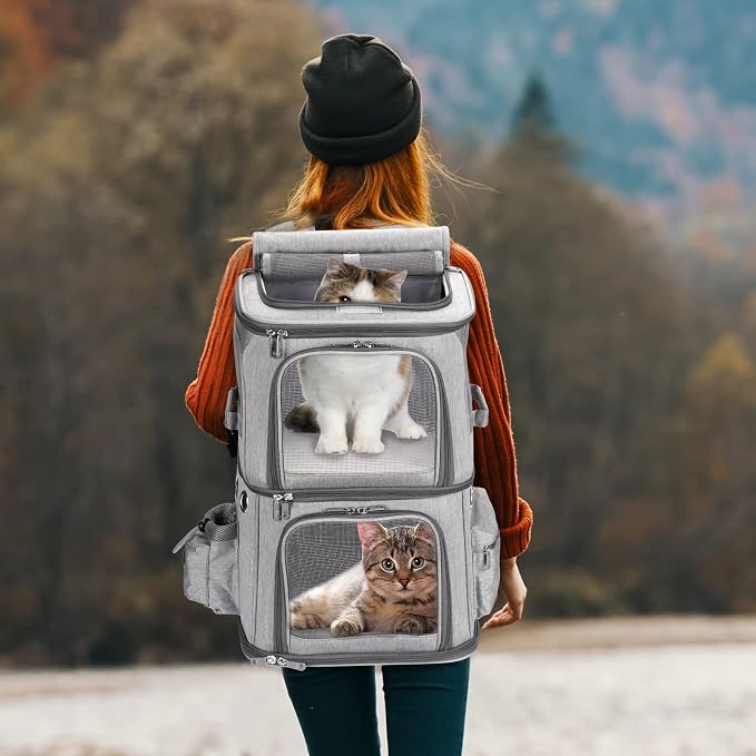HOVONO Double-Compartment Cat Backpack Carrier for 2 Pets up to 18 lbs | 2-in-1 Pet Backpack Carrier for Small Cats & Dogs, Perfect for Traveling/Hiking /Camping/Vet Grey