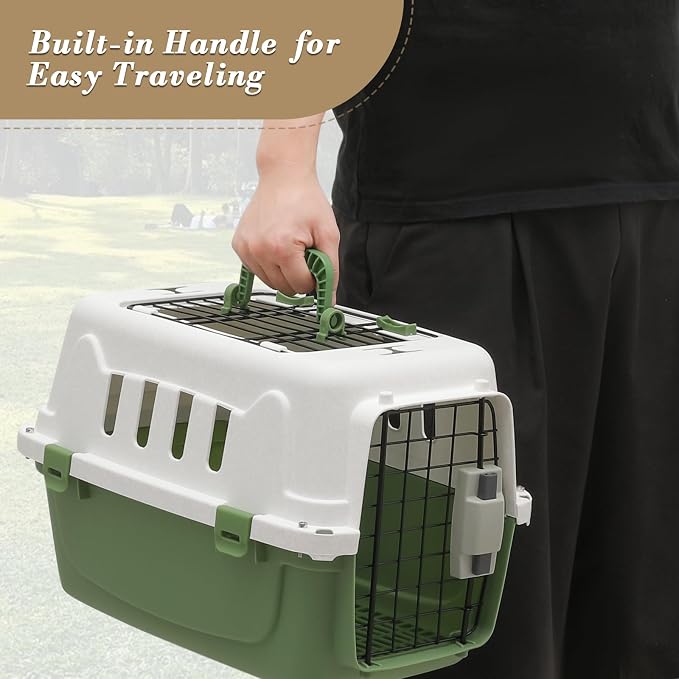 Athena Collection 18" Hard-Sided Travel Pet Carrier for Small Dogs and Cats | Plastic Dog Carriers with 2-Door Top & Front Load, Ventilation, Security Lock, Cat Dog Carrier for Pet, up to 10lbs, Green