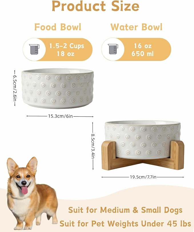 TRUVIC Ceramic Dog Bowl with Wood Stand, Jun Blanc Daisy Relief Dog Food and Water Bowl, 2 Cup/14 oz Puppy Food Bowl for Medium Dogs, Dishwasher Safe, Modern Geometric, Daisy