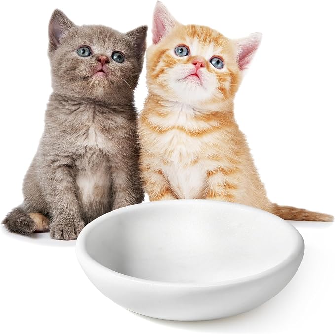 White Cat Bowl, Marble Food and Water Bowl for Cat and Small Dog, Heavyweight 1.5lb Non-Tip Pet Food Dish with Slip-Proof Pad, Premium Stone Feeder for Elegant Home Decor