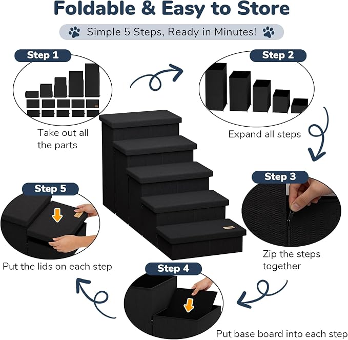 5-Step Wide Dog Stairs with Storage 23" H, Non-Slip Sturdy Pet Steps for High Bed Couch Window, Pet Stairs for Small/Medium/Large Old Dogs Cats Up to 260lbs, Cat Dog Steps for Car/SUV, Black