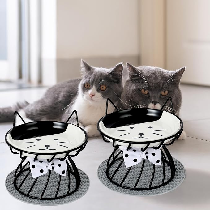 Set of 2 Elevated Ceramic Cat Bowls, Detachable, Black | Detachable Design Easy Cleaning Whisker Friendly Non-Slip Base Premium Ceramic