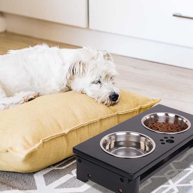 HTB Elevated Dog Bowl Stand with 2 Stainless Steel Bowls-4" H Small Black | Raised Dog Bowl Stand, 4"tall, 21 Oz Bowls, for Small Sized Dogs, Pet-safe, Solid Bamboo