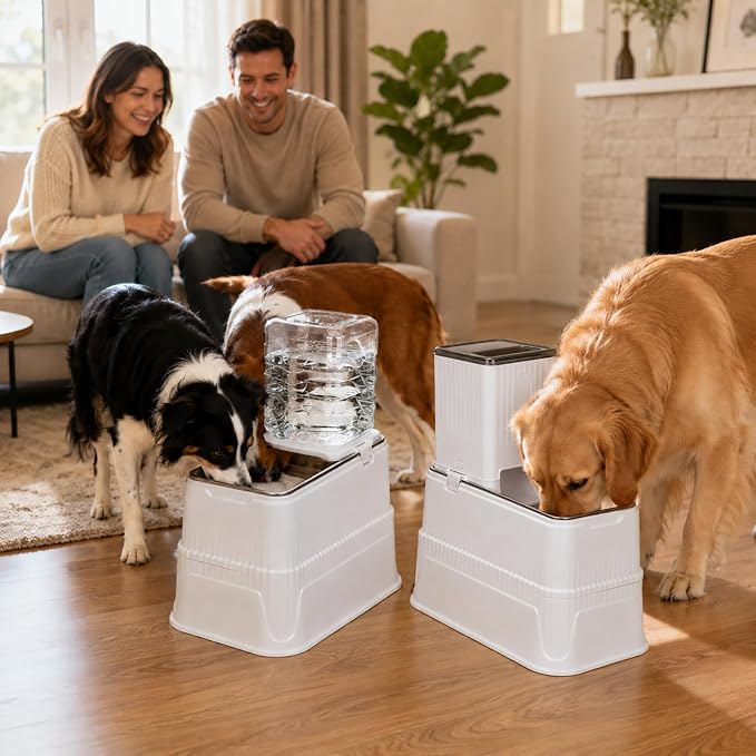 Elevated Dog Food and Water Bowl Set Gravity Automatic Refilling, Large Dog Stainless Steel Bowls with Base, Raised Dog Food Dispenser & Water Bottle for Dogs, Cats, Portable Pet Feeder for M/L Breed