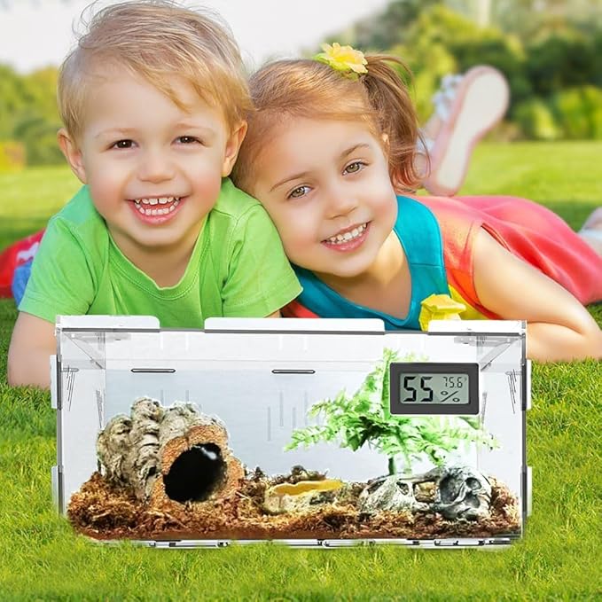 Acrylic Reptile Breeding Box Terrarium Cage Tank, 11.8"x7.9"x5.9", with Temperature Hygrometer, for Small Reptiles, Snakes, Insects, Home Office