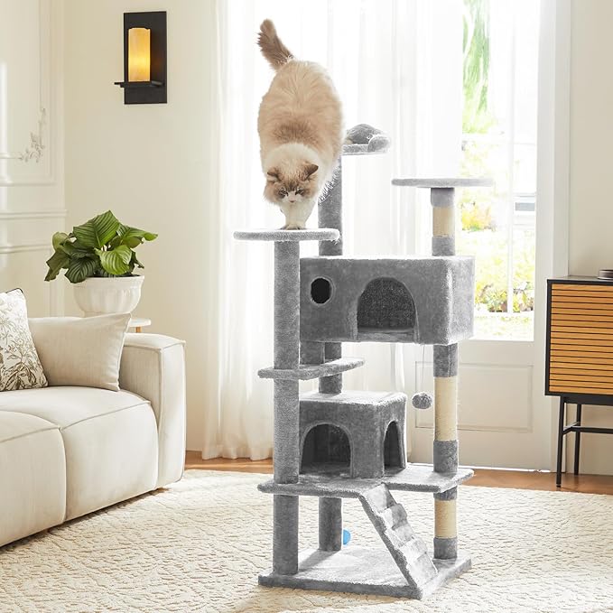 Sweetcrispy 54-Inch Cat Tree Tower – Multi-Level with Sisal Scratching Post, Perfect Pet Gift, Indoor Condo with Climbing Ladder, Plush Toy, and More Animal Stuff, Light Grey