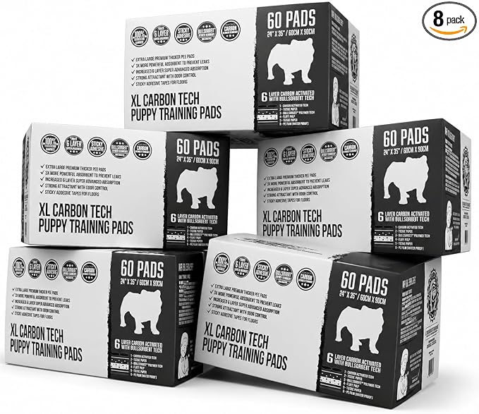 Bulldogology Carbon Black XL Dog Pee Pads with Adhesive Sticky Tape Extra Large Charcoal Housebreaking Dog Training Wee Pads Leak Proof Absorbent 480 Count 24" x 35"