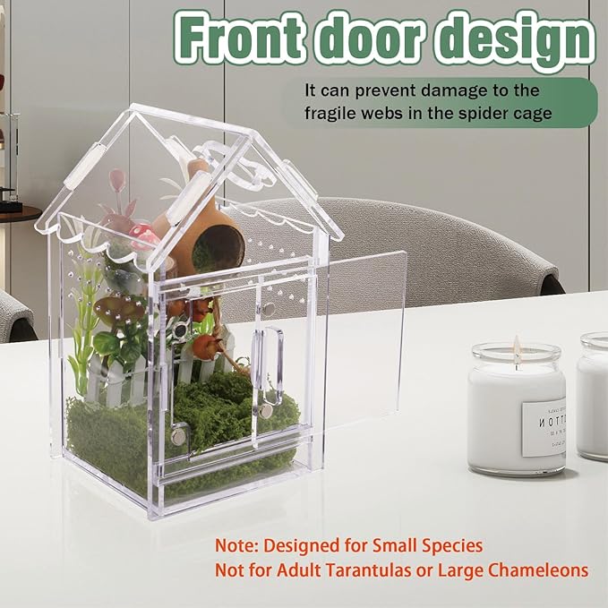 Acrylic Terrarium Kit for Jumping Spiders & Tarantulas - 3.15"x3.15"x5.6" Spider Enclosure with Magnetic Feeding Door & Secure Latch - Ideal Reptile Cage, Praying Mantis Habitat, Bug Terrarium
