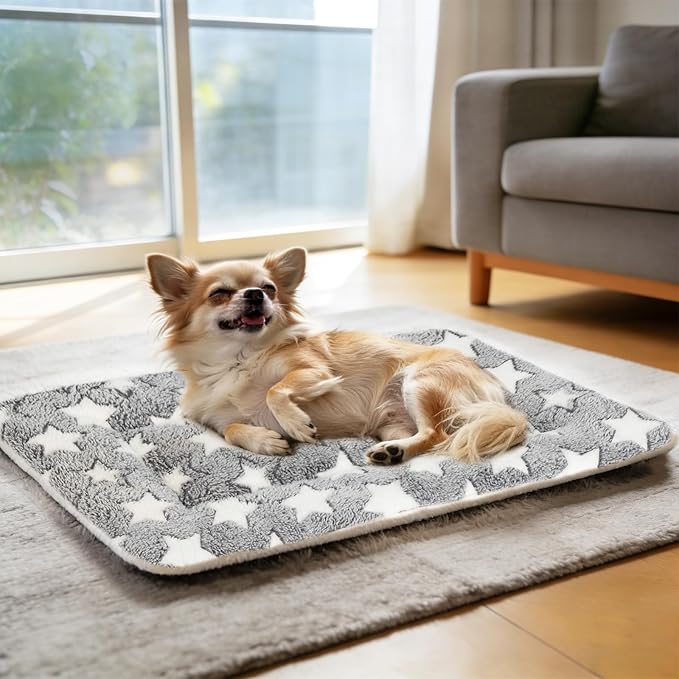 Mora Pets Dog Bed Crate Pad Ultra Soft Pet Bed with Cute Star Print Washable Crate Mat for Large Medium Small Dogs Reversible Fleece Dog Crate Kennel Mat Cat Bed Liner 22-Inch Grey