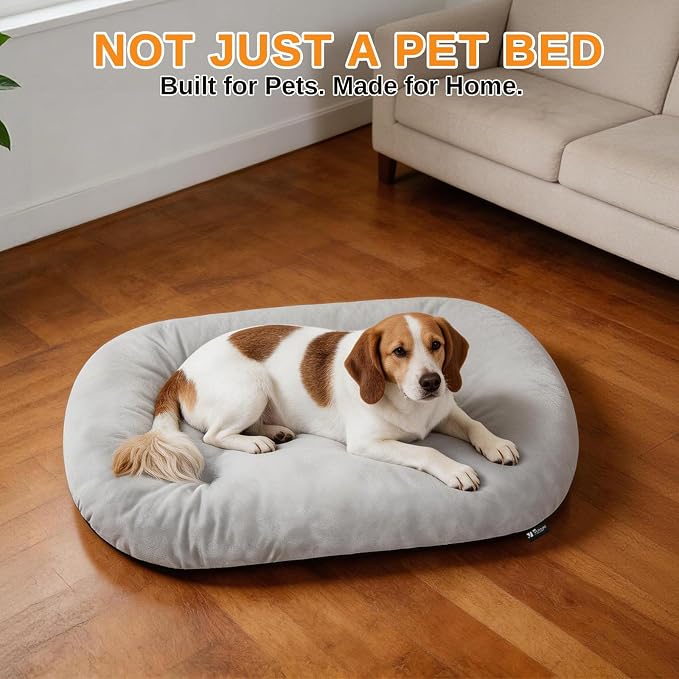 Washable Oval X-Large Dog Bed, Silver-Tipped High-Resilience, Light Gray | Non-Slip Bottom Prevents Sliding, Soft Plush Short Fur, Machine Washable, Ideal for Crates/Apartments/Cozy Nooks,41"x27"x3.6"