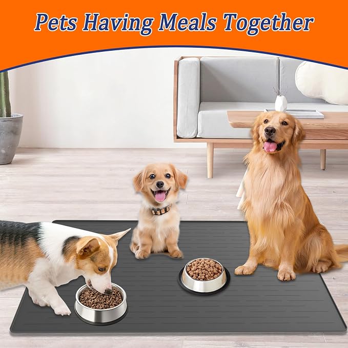 31.8"x23.8" Extra Large Pet Food Mat, Silicone Dog Mats for Food and Water, XL Nonslip Pet Feeding Mats for Floors,Dog Cat Bowl Mat with Raised Edges, Light Gray