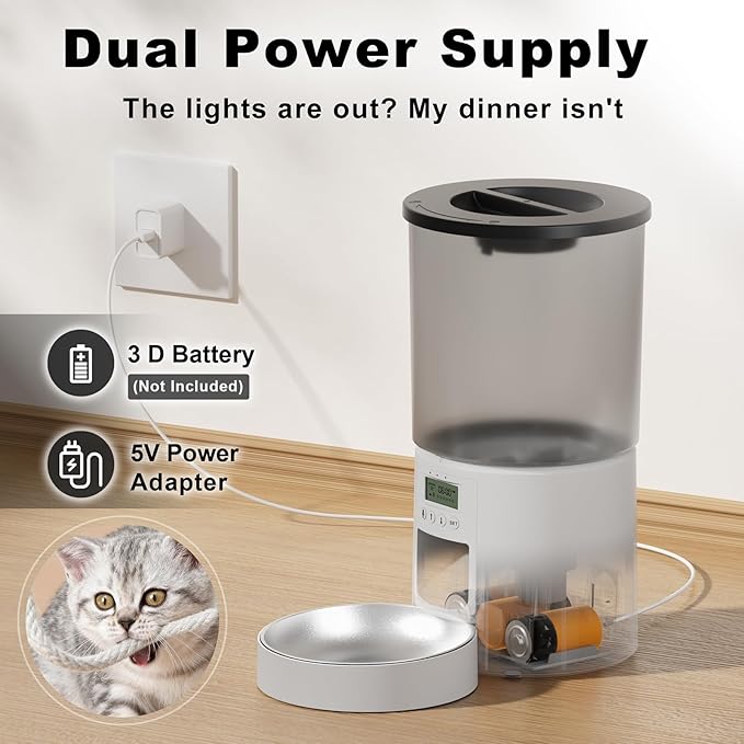 4.2L Automatic Cat Feeder,6 Meals/Day,Dual Power,Dry Pet Food Autofeeder Portion Control,Timer Setting,10S Voice Record (Transparent White, Stainless Steel Bowl)
