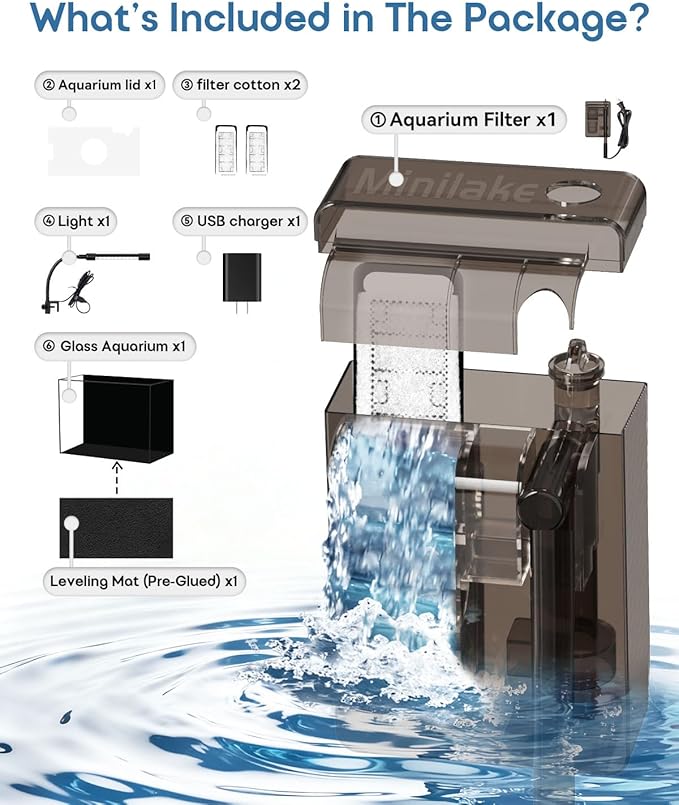 Glass Fish Tank Kit, 2.5 Gallon Betta Fish Tank Aquarium Starter Kit with Filter, Lights, Lid, for Betta, Goldfish, Small Fish or shrimg, Black