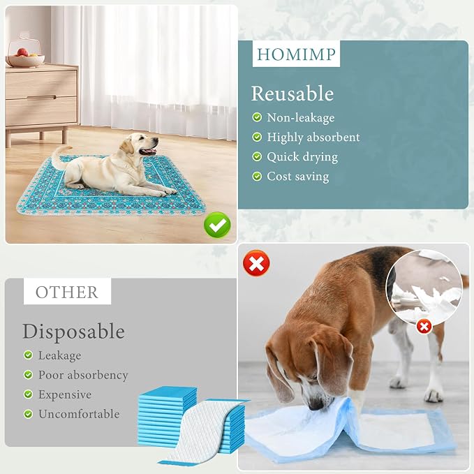 Homimp Washable Pee Pads for Dogs, Extra Large Reusable Puppy Pads Waterproof, Absorbent and Leakproof Dog Pee Pads, Non Slip Puppy Training Pads, Pet Mat for Floor,Crate,Couch,Whelping, Blue,36"x72"