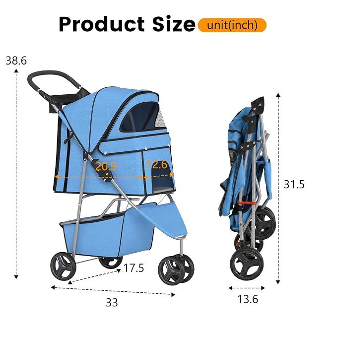 BestPet | 3-Wheel Pet Stroller | Blue | Foldable Dog and Cat Stroller | Breathable Mesh | Lightweight, Waterproof Travel Carrier with Cup Holder & Storage Basket | for Daily Walks & Outdoor Use
