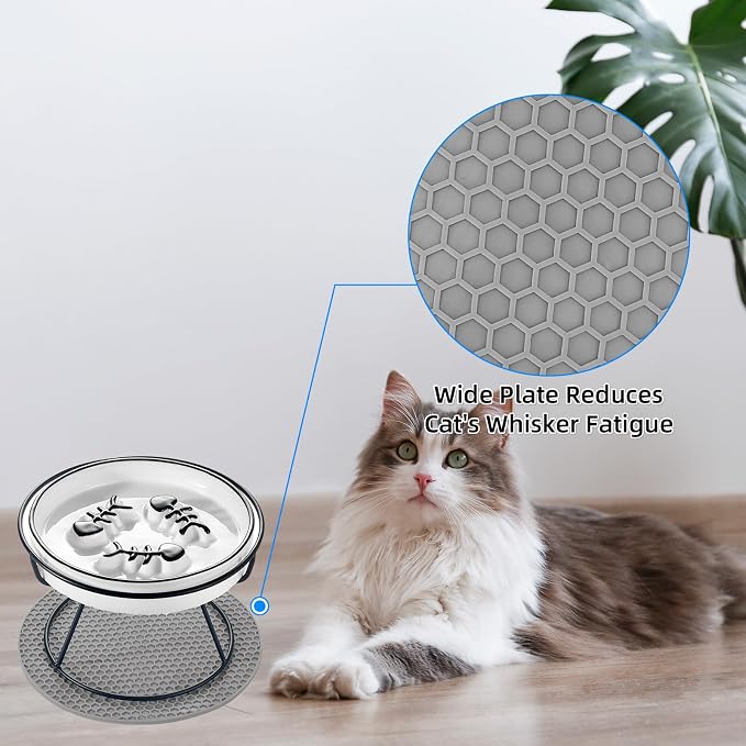 Ceramic Elevated Cat Bowls Set, Anti Vomit, Removable Dishes, Black 2-Pack | Removable Ceramic Bowls Elevated Anti Vomit Food & Water Feeding Black 2-Pack