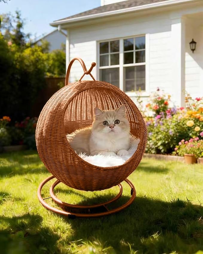 Wicker Cat Bed Indoor & Outdoor, Handwoven PP Rattan Cat Swing Bed with Removable Washable Cushion, Breathable Waterproof Cat House for Cats & Small Dogs (Large–16.9" L × 25.98" H)