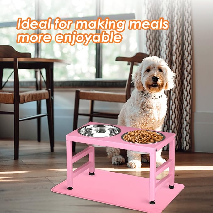 ADENGL Pink Metal Raised Dog Bowl Stand for Large Dogs, Stronger Elevated Dogs Bowls with Sprill Proof Mat, Food & Water Bowl 10in Tall Feeder (42OZ-Stainless Steel Dog Bowls, Mat-12x19 in)
