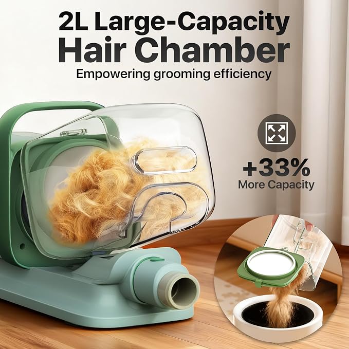 Buenkee Dog Grooming Vacuum Kit, 15000Pa Clipper, Shedding Brush, 2L, Green | Brush, trim and deshed at home with less flying fur, mess-control suction and fewer emptying breaks during longer sessions