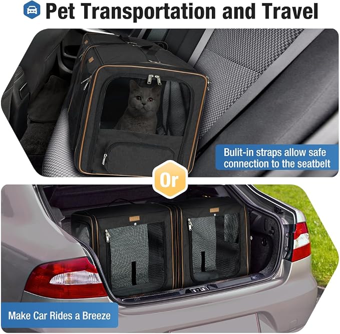 Lekereise Extra Large Cat Carrier for 2 Cats, 2-in-1 Cat Travel Carrier with Litter Box, (20.85" x2) x19.7"x19.7" Pet Carrier with Zipper Locks for Moving Across The Country (No Hammock) - Black