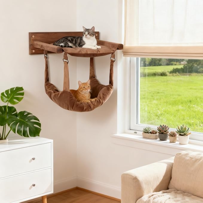 JSPYFITS Wooden Cat Furniture Wall Mounted, Double Layer Hammock, Large Size 18.9″ Removable Multi-Function Cat Bed for Sleep/Play/Climb, Kitten Window Perch, Easy DIY Installation(Brown)