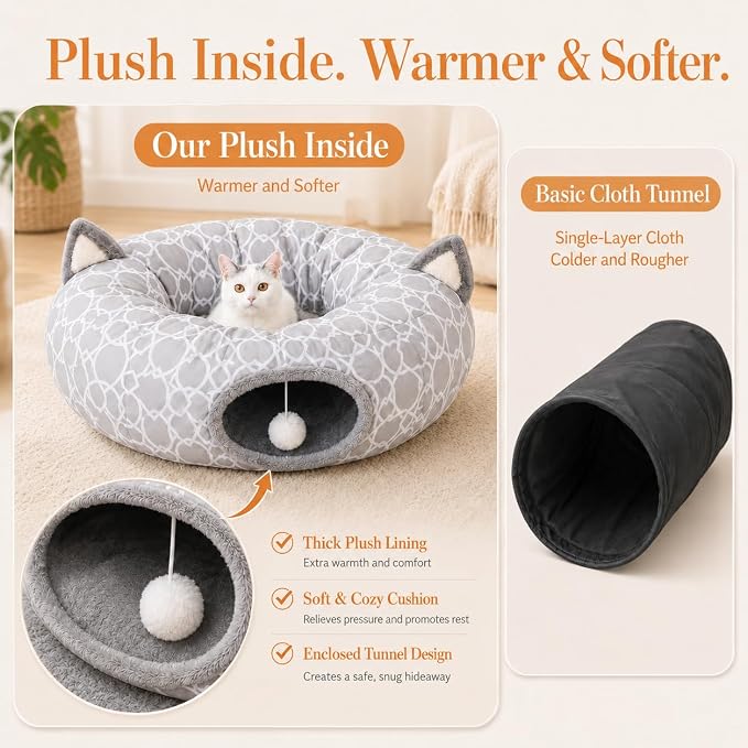 Geometric Cat Tunnel Bed Under Christmas Tree Oxford Outside with Plush Inside,Cats Toys Collapsible Tunnel Tube with Balls, for Rabbits, Kittens, Ferrets,Puppy 3FT