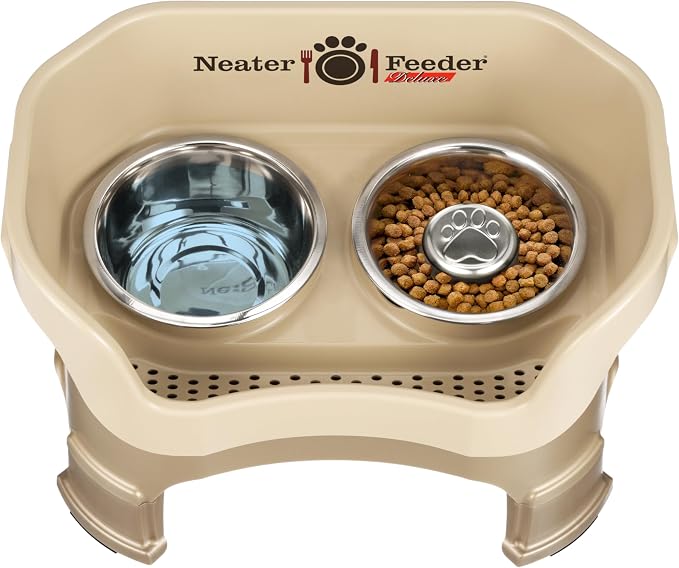 Neater Feeder Deluxe Mess-Proof Elevated Dog Bowls for Medium Dogs (19–40 lbs), 2 Height Adjustable (10” & 12.5”) No-Spill Raised Dog Bowl Stand w/Slow Feed Bowl for Food, Made in USA, Cappuccino