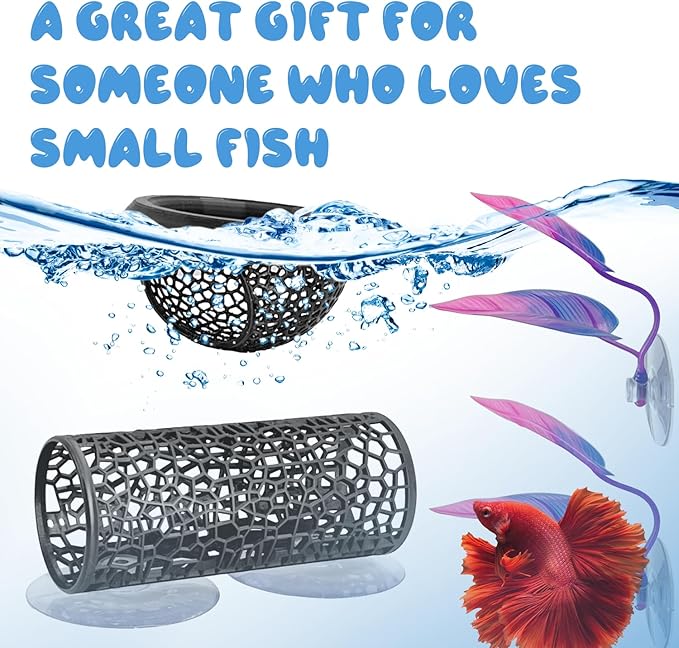 4 Pcs Betta Fish Hammock & Toy Set, Suction Cup Tunnel, Floating Betta Fish Skins, 2 Foliage Pads,Aquarium Hide and Feed Decor for Resting, Hiding & Play Areas.