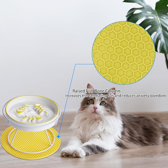 Ceramic Slow Feeder Cat Bowl, Elevated Whisker Friendly Design, Yellow