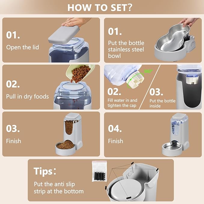 Portable Automatic Cat Feeder and Water Dispenser with Stainless Steel Bowl Dog Gravity Food Feeder and Waterer for Small Medium Pets Puppy Kitten 1 Gallon x 2 (Light Blue(3.8L*2))