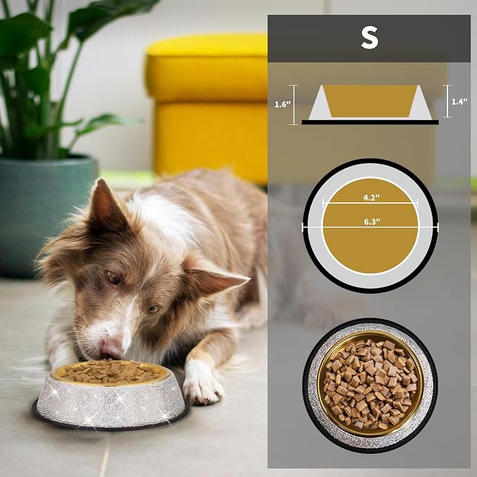 Sparkly Full Rhinestones Designed Gold Plated Stainless Steel Cat Bowl - Stylish and Practical Diamond Food Water Dishes Bowls for Dogs Cats Rabbits