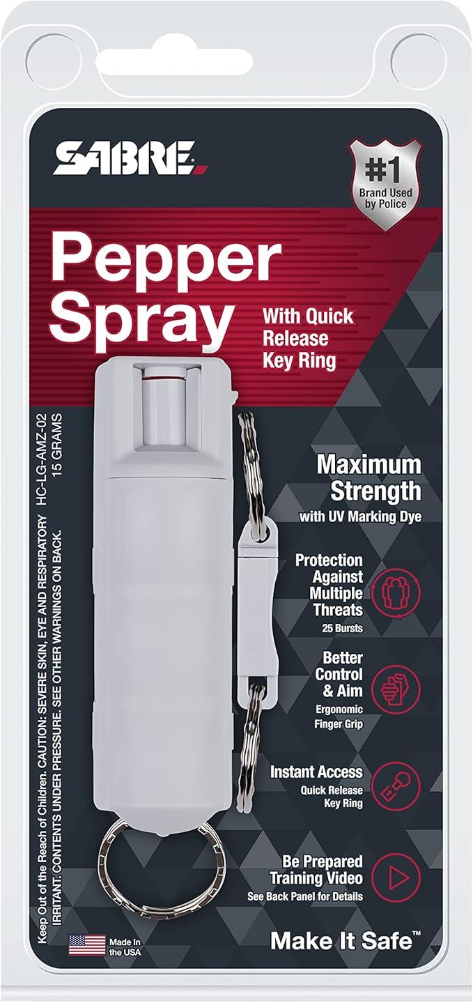 Sabre Pepper Spray - Quick Release Keychain for Easy Carry & Fast Access, Max Police Strength Self Defense OC Spray with UV Dye, 10 Sec. Spray Time, Finger Grip - Faster Aim, 0.54 fl oz,Secure Safety