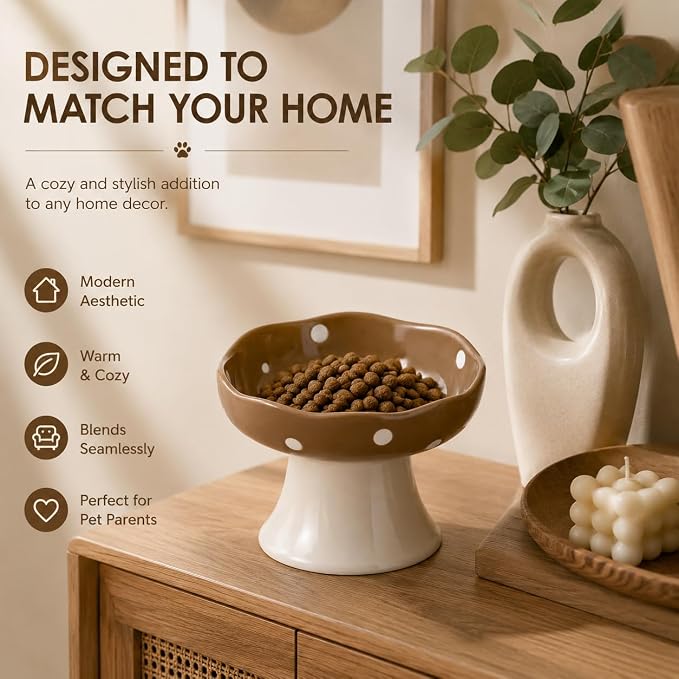 Brown Mushroom Cat Bowl, Elevated Ceramic Bowl for Cats | Cute, Elevated, Ceramic, Whisker Friendly, Dishwasher Safe