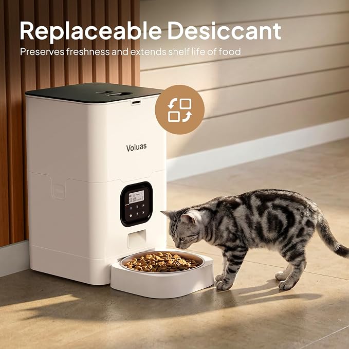 VOLUAS Automatic Cat Feeder, 6L Timed Dry Food Dispenser for Cats & Dogs | Programmable Portion Control, Up to 4 Meals Daily, Dual Power Supply, Power-Off Memory, 10-Second Voice Recorder