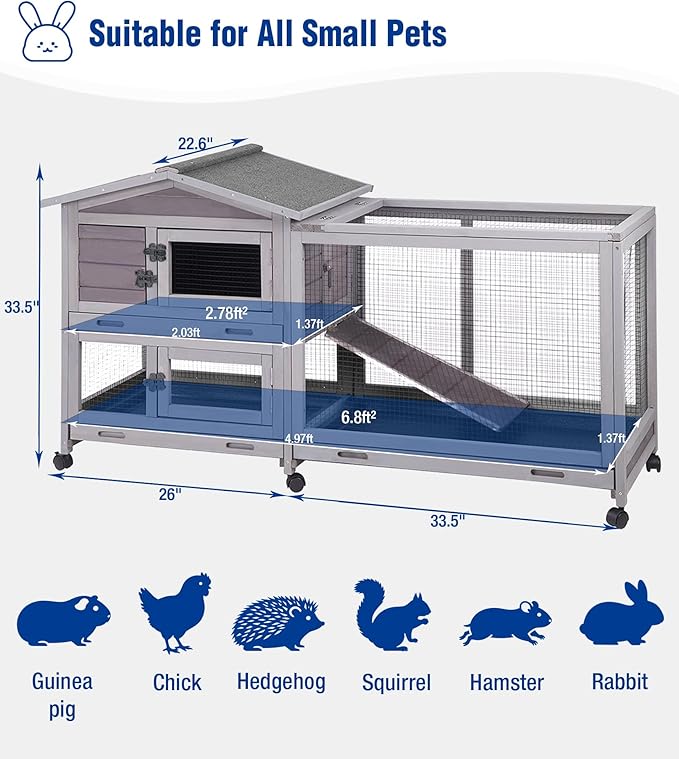 Large Rabbit Hutch Indoor, Bunny Cage Outdoor with Chew-Proof Ramp, 2-Story Guinea Pig Cages with 6 Wheels, 3 Pull-Out Trays, Waterproof Asphalt Roof, 62" L - Grey