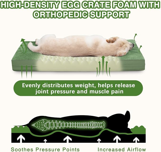 XXL Dog Bed Waterproof Washable Outdoor, Large Foam Crate Pad 48" Green | Jumbo Pet Bed, Reversible Wipeable Faux Leather & Soft Flannel, Durable Removable Cover, Anti-Slip Kennel Pad 47"x29"