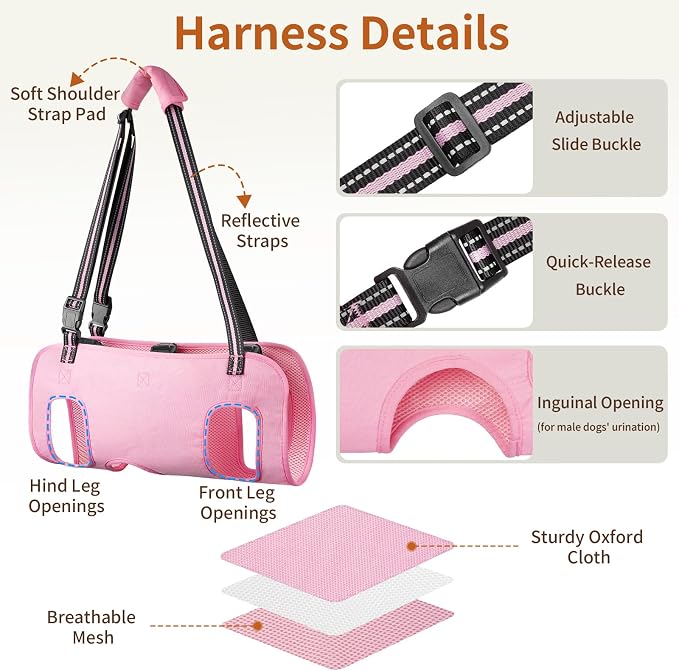 Full Body Dog Lift Harness, Support Senior & Disabled Dogs Walking | Help Up & Down Stairs Grooming, Dog Sling Backpack, Front Hind Leg Joint Injuries, Reflective, Soft Padded Handle | Pink, S